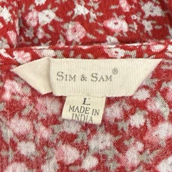 Sim & Sam Top Shirt Women's Large Red Multicolor Ditsy Floral Casual Popover - Picture 5 of 8